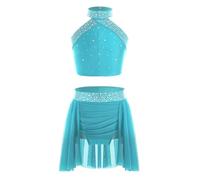 Yihuimin Girls Modern Ballet Lyrical Dance Outfits Crop Top with Skirt | Sparkly Rhinestone Figure Skating Skirt Set, Halter Sleeveless Belly Top Vest with Skorts, For Jazz Latin Ballroom Dancewear