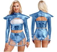 Yihuimin Halloween Alien Costume Set For Women Hollow Out Cropper Top With Miniskirts Sexy Cosplay Suit Blue M