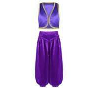 Yihuimin Kids Boys Arabian Prince Street Rats Costume Silky Waistcoat Top with Harem Dance Pants Purple 13-14 Years
