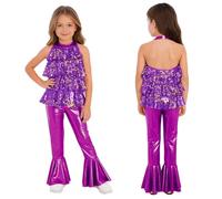 Yihuimin Kids Disco Outfit Sparkly Sequin Hip Hop Flared Jumpsuit Stage Performance Jazz Dance Youth Apparel Purple 5-6 Years