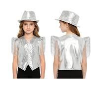 Yihuimin Kids Show Outfit V Neckline Asymmetrical Hem Sequin Vest Hat Set for Dance Party Performance Silver 15-16 Years