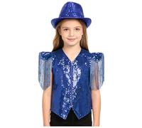Yihuimin Kids Show Outfit V Neckline Asymmetrical Hem Sequin Vest Hat Set for Dance Party Performance Royal Blue 13-14 Years