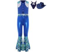 Yihuimin Little Big Girls Western Cowgirl Costume Patchwork Vest Pants Scarf Hat Set Royal Blue 9-10 Years