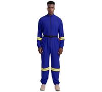 Yihuimin Mens Fireman Costume Long Sleeve Jumpsuit Halloween Firefighter Cosplay Romper With Belt Blue 3XL