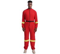 Yihuimin Mens Fireman Costume Long Sleeve Jumpsuit Halloween Firefighter Cosplay Romper With Belt Red XL