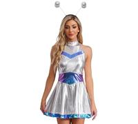 Yihuimin Pieces Women Girls Shiny Metallic Alien Costume Dress Futuristic Sleeveless Space Skater Dress Blue 3XL