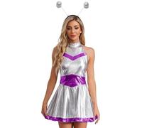 Yihuimin Pieces Women Girls Shiny Metallic Alien Costume Dress Futuristic Sleeveless Space Skater Dress Purple XXL
