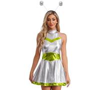 Yihuimin Pieces Women Girls Shiny Metallic Alien Costume Dress Futuristic Sleeveless Space Skater Dress Fluorescent Green XXL