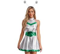 Yihuimin Pieces Women Girls Shiny Metallic Alien Costume Dress Futuristic Sleeveless Space Skater Dress Green S