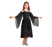 Yihuimin Retro Renaissance Pioneer Maiden Dress Girls Off Shoulder Bell Sleeve Maxi Ball Gown Black 7-8 Years
