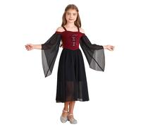Yihuimin Retro Renaissance Pioneer Maiden Dress Girls Off Shoulder Bell Sleeve Maxi Ball Gown Burgundy 7-8 Years