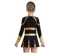 Yihuimin Sparkly Rhinestones Cheerleading Uniforms For Girls Long Sleeve Letter Print Metallic Cheer Leader Dance Dress Black&Gold 9-10 Years