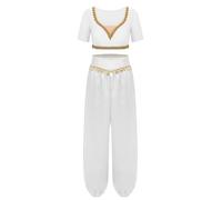 Yihuimin Womens Adult Arabian Fancy Dress Shiny Sequin Tassel Dance Costume 2 Pcs Set White XXL