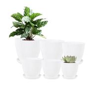 Yiiannda Plant Pots Indoor, 6 Pack Stripe Grooves Plastic Plant Pots with Drainage Holes and Tray, Small White flower Pot for All House Plants and Flowers (White)