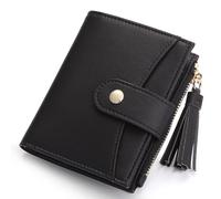 yiijay Small Wallet for Women RFID Blocking Tassle Bifold Slim Thin Leather Wallet Credit Card Holder Wallet Ladies Mini Wallet with Zipper Pocket, Black, 4.4 x 3.6 x 0.39 inches, Small Compact Wallet