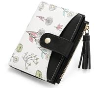 yiijay Small Wallet for Women RFID Blocking Tassle Bifold Slim Thin Leather Wallet Credit Card Holder Wallet Ladies Mini Wallet with Zipper Pocket, 1Flora Black, Small Compact Wallet for Women