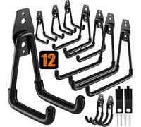 YiiMeeCoo 12 Pack Garage Hooks Heavy Duty, Wall Mount Utility Hooks with Extension Cord Straps, Anti-Slip Coating for Bike, Ladder, Hose, Ropes, Garage Organization, Includes Screws