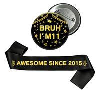 Yiiyyuuko 11th Birthday Decorations Badge Sash - Black Gold Vintage Awesome Since 2015 Sash and Badge Accessory Gift for Boys Girls 11 Year Old Retro Theme Happy Birthday Party Supplies