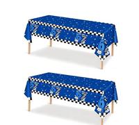 Yiiyyuuko 67th Birthday Decor Race Tablecloth - 2 Pieces Blue Black White Happy Birthday Tablecloth Waterproof Cars Birthday for Sweet Donut Ice Cream Theme Six Seven Girl Boy Party (137x274 cm)