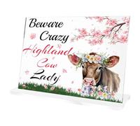 Yiiyyuuko Highland Cow Gifts Acrylic Plaque - Beware Crazy Highland Cow Lady Keepsake Gifts For Friends Friendship Is A Treasure For Girls On Birthday Graduation Party Engagement Occasion