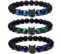 yijan Save A Wolf Bracelet,Wolf Head Lava Rock Bracelet,Healing Crystal Stress Relief Anti Anxiety Energy Stone Beaded Bracelet,Adjustable Bracelet for Men (Set), Stone