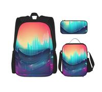 YIJIAYUN 3Pcs School Essentials Cool Music Sound Wave Print Set for Students:School Bag+Pencil case+Lunch Bag Combination