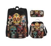 YIJIAYUN 3Pcs School Essentials Sugar Skulls Print Set for Students:School Bag+Pencil case+Lunch Bag Combination