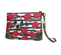YIJIAYUN Black White Stripes Red Rose Flowers Print Leather clutch cowhide Wristlet Organizer Bag for Evening Events Date Nights Wedding