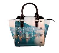 YIJIAYUN Leather Rivet Shoulder Hong Kong Print Bag Adjustable Shoulder Purse For Lady Work Travel Essentials