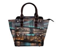 YIJIAYUN Leather Rivet Shoulder New York Manhattan Bridge Night Print Bag Adjustable Shoulder Purse For Lady Work Travel Essentials