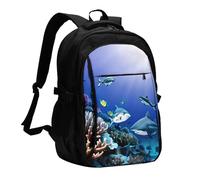 YIJIAYUN USB Laptop Shark Swimming Under the Sea Print Backpack with Charging Port and Headphone Jack for Work,Business, School
