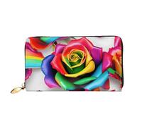 YIJIAYUN Women's Fashionable Long Leather Rainbow Rose Flower Print Wallet with Large Clip, compartments, Card Holder