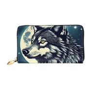 YIJIAYUN Women's Fashionable Long Leather Wolf Night Moon Print Wallet with Large Clip, compartments, Card Holder