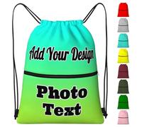YIJIUWKIS 1 to 10 Photos Personalised Drawstring Bag with Zip Pocket Text, Logo, Name Custom Gym Bag for Adult Children Customised PE Bag for Sport, Swimming, School Birthday for Her, Him - 1 Image