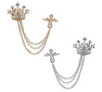Yijunmca 2pcs Brooch Pins for Men Crystal Pin Rhinestone Lapel Pin Sweater Pin Collar Clip Vintage Shirts Suit Tie Pin Crown Tassel Chain Pin Wedding Party Costume Pin Jewelry Gift, Gold Silver