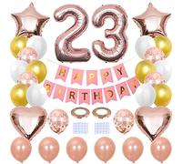 Yijunmca 31pcs 23rd Birthday Party Supplies - Happy Birthday Banner, Star Foil Balloons, Helium White Latex Balloons, Perfect for Women & Men - Rose Gold