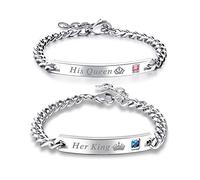 Yijunmca Couples Bracelet for Men Women His Queen & Her King Bracelet Crown Queen Stainless Steel Jewelry Matching Link Adjustable Bracelet CZ Love Charm Bangle Anniversary Present, Silver Style 1