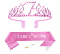 Yijunmca Pink 7th Birthday Sash for Girls Birthday Princess Crown Queen Tiara Rhinestone Birthday Headbands Birthday Girl Sash Happy Birthday Decorations for Girls 7 Year Old Birthday Party Supplies
