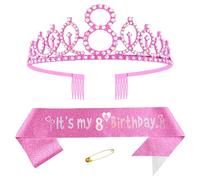 Yijunmca Pink 8th Birthday Sash for Girls Birthday Princess Crown Queen Tiara Rhinestone Birthday Headbands Birthday Girl Sash Happy Birthday Decorations for Girls 8 Year Old Birthday Party Supplies