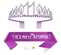 Yijunmca Purple 11th Birthday Sash & Crown Set for Girls - 'It's my 11th birthday' Sash, Rhinestone Crown, Pin - Girls, 11 years - Female - Birthday, Princess - Purple