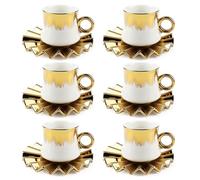 YIK TUNG 12-Piece Turkish Coffee Cup Set with Saucers, 3.5oz Ceramic Espresso Cups, Gold Rim White Design, Stackable Porcelain Mugs Service for 6 People, Dishwasher safety