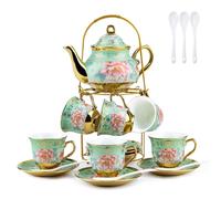 YIK TUNG 20 Pcs Porcelain Tea Set with Metal Holder, Ceramic Tea Cup Set Service for 6, Flower Tea Set for Women Adults, 700ML Teapot,160ML Teacup, Tea Gift Sets for Home Party Wedding (Green)