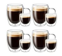 YIK TUNG 8-Piece Double Walled Glass Mugs Set - Borosilicate 350ml & 80ml | Includes 4x350ml and 4x80ml cups with handles. Heat resistant. Dishwasher safe. For latte, espresso, tea, juice, and more.