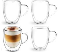 YIK TUNG Double Walled Coffee Glasses, Set of 4 Cappuccino Latte Tea Cups with Handle, 350 ml Heat Resistant Thermal Mug, for Hot/Cold Drinks, Dishwasher Safe, Perfect for Espresso