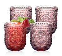 YIK TUNG Vintage Drinking Glasses Set of 4, 380ml Purple Tumblers | Embossed Sunflower Design, Heavy Base & Thickened Glass - Lead-Free & Dishwasher Safe
