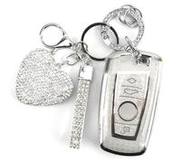 YIKECASE Key Fob Cover with Diamond Keychain Car Key Holder Compatible with BMW X1 X3 X4 X5 X6 1 2 4 5 6 7 M3 M5 M6 GT3 GT5 G30 F10 F15 F16 F20 Protector for Women, 3 Buttons (Silver-Heart)