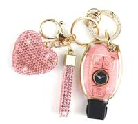 YIKECASE Key Fob Cover with Diamond Keychain Car Key Holder Compatible with Mercedes Benz C E M S CLS CLA GLK GLA GLC GLE AMG Class Protector for Women, 3 Buttons (Pink-Heart)