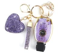 YIKECASE Key Fob Cover with Diamond Keychain Car Key Holder Compatible with Mercedes Benz C E M S CLS CLA GLK GLA GLC GLE AMG Class Protector for Women, 3 Buttons (Purple-Heart)