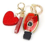 YIKECASE Key Fob Cover with Diamond Keychain Car Key Holder Compatible with Mercedes Benz C E M S CLS CLA GLK GLA GLC GLE AMG Class Protector for Women, 3 Buttons (Red-Heart)