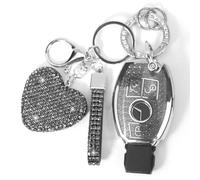 YIKECASE Key Fob Cover with Diamond Keychain Car Key Holder Compatible with Mercedes Benz C E M S CLS CLA GLK GLA GLC GLE AMG Class Protector for Women, 3 Buttons (Black-Heart)